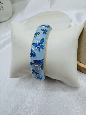 Blue on Blue Enamel Butterfly Cloisonné Bangle Bracelet